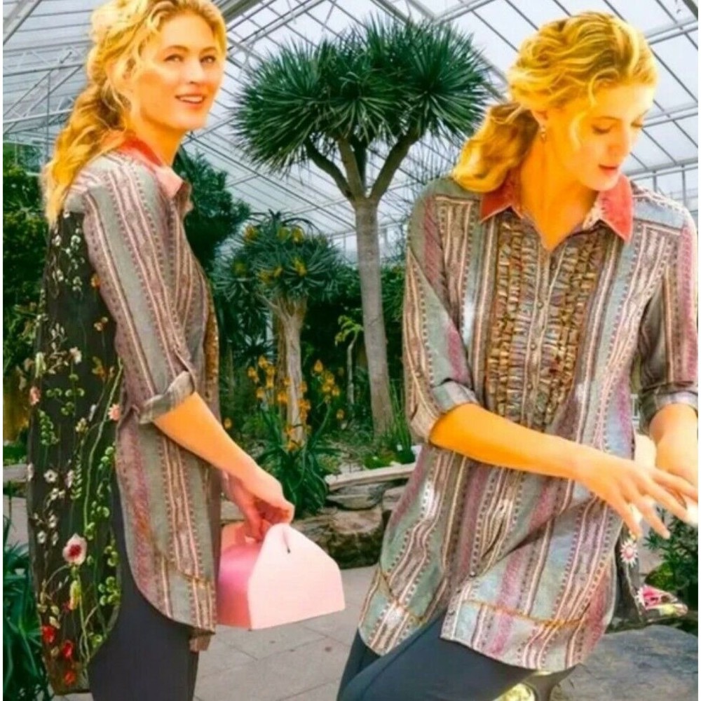 Soft Surroundings Embroidered Velvet Tunic Tab Sleeves Sz Small